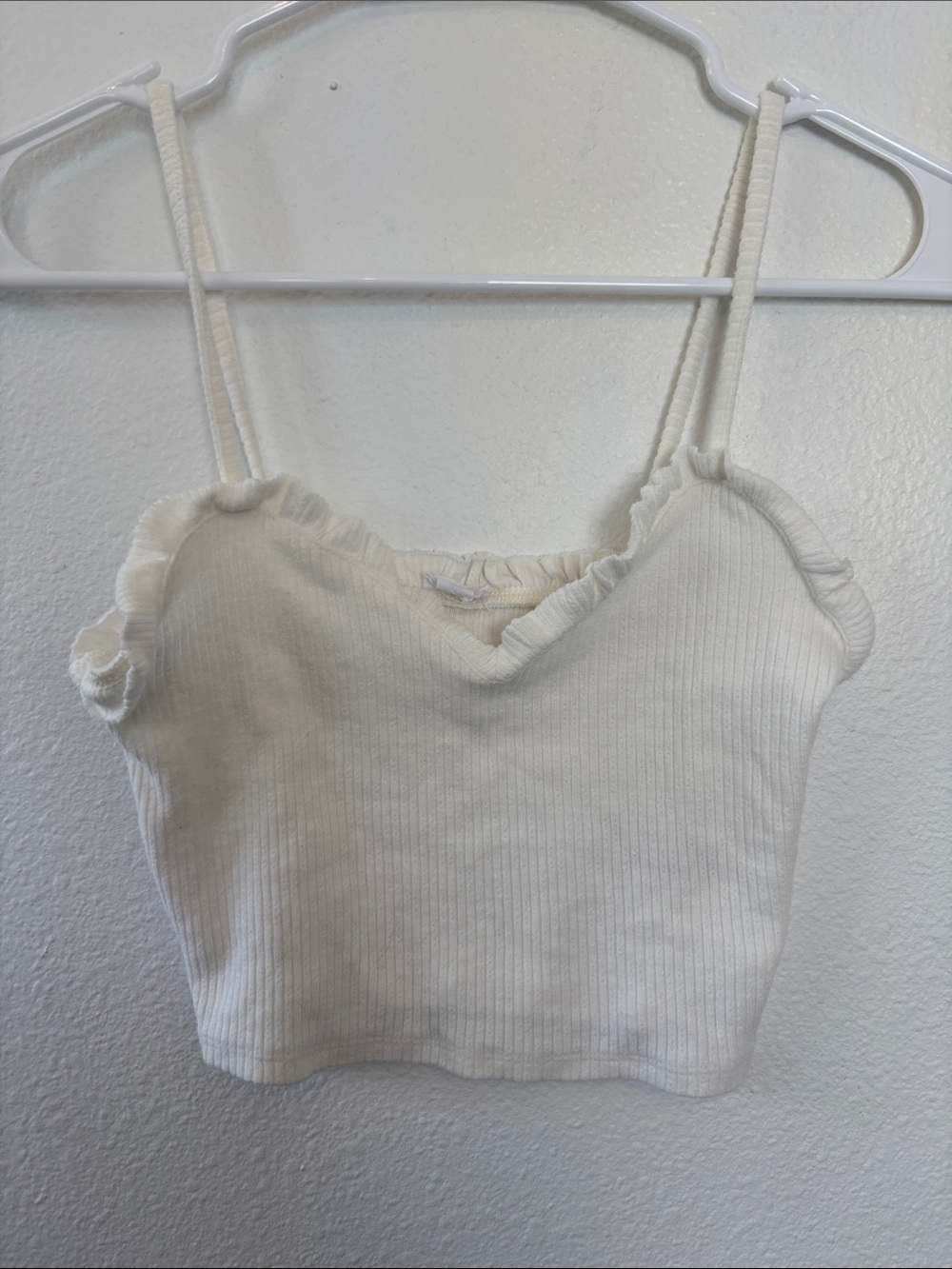 Garage Ivory Ribbed Ruffle-Trim Cropped Cami -614sku - Picture 2 of 6